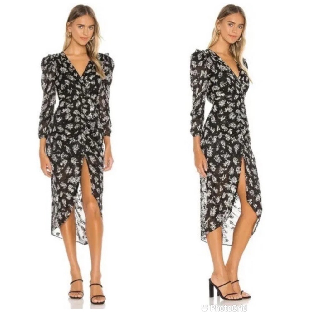 New ASTR Maven Black Floral Long Sleeve Midi Dress‎ Small Thigh Slit Puff Sleeve